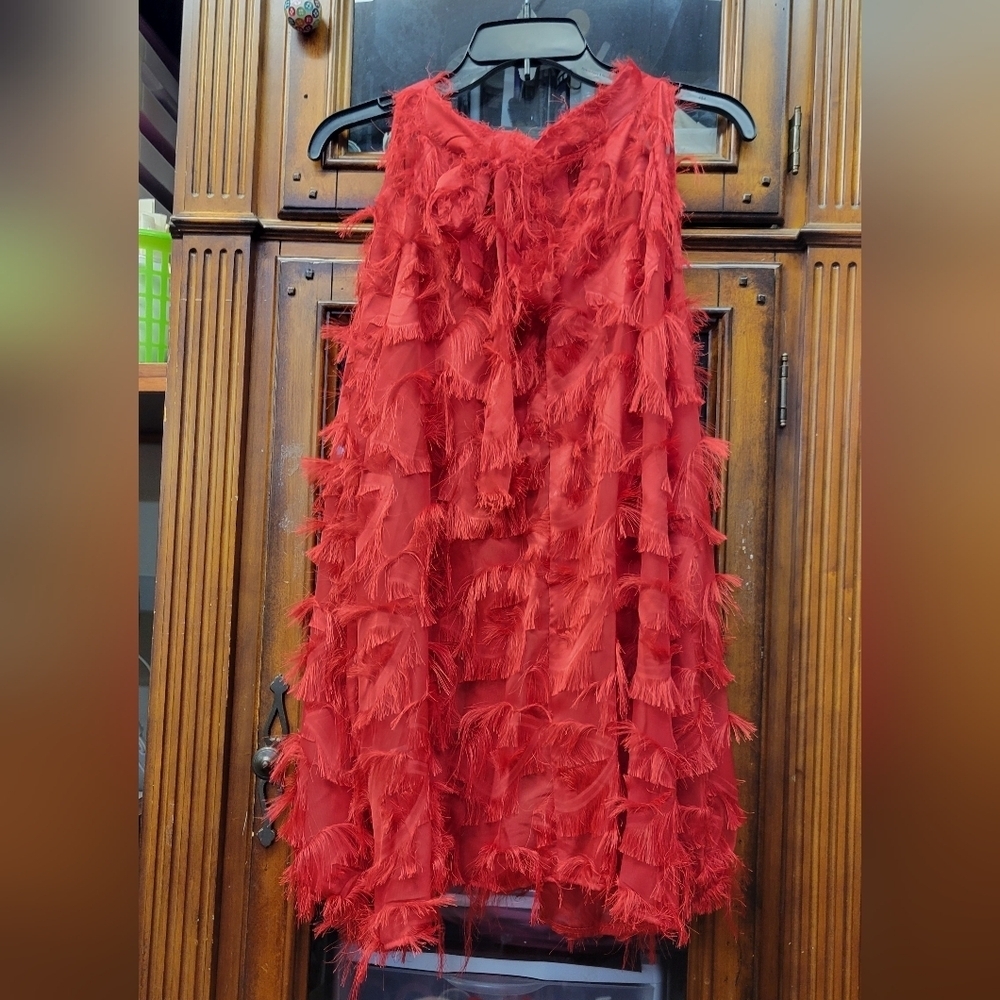 Bare Shoulder Long Sleeve Red Eyelash Fringe Blouse Front Tie at Neckline 3XL